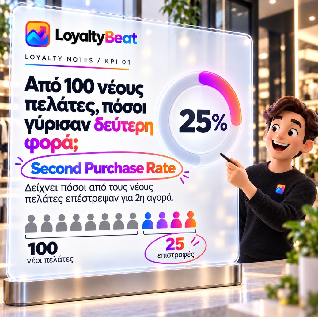 Εικονογράφηση LoyaltyBeat για το Second Purchase Rate και τη δεύτερη αγορά νέων πελατών
